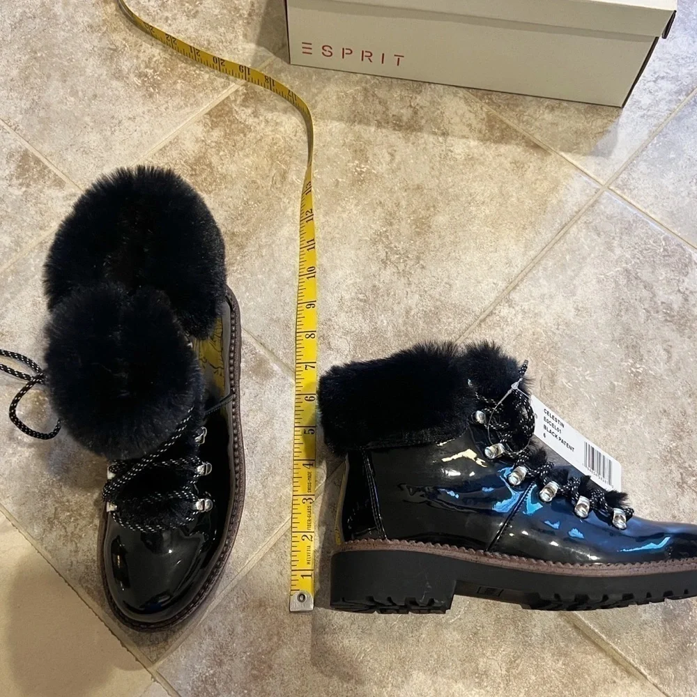 🆕 Esprit Celestin faux patent leather fur lace up fashion boots black